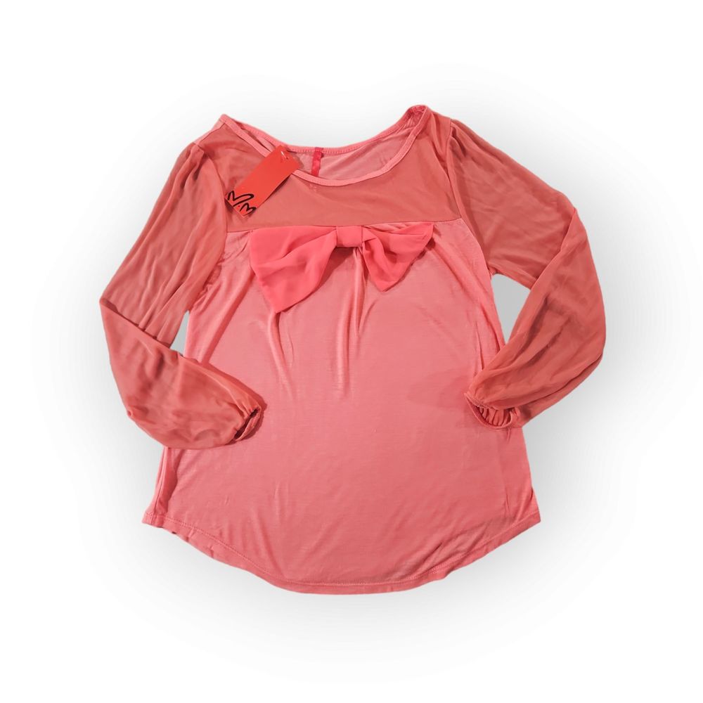 Double Heart Blouse Size Small Coral Sheer Knit 3/4 Sleeve Bow Accent Collarless